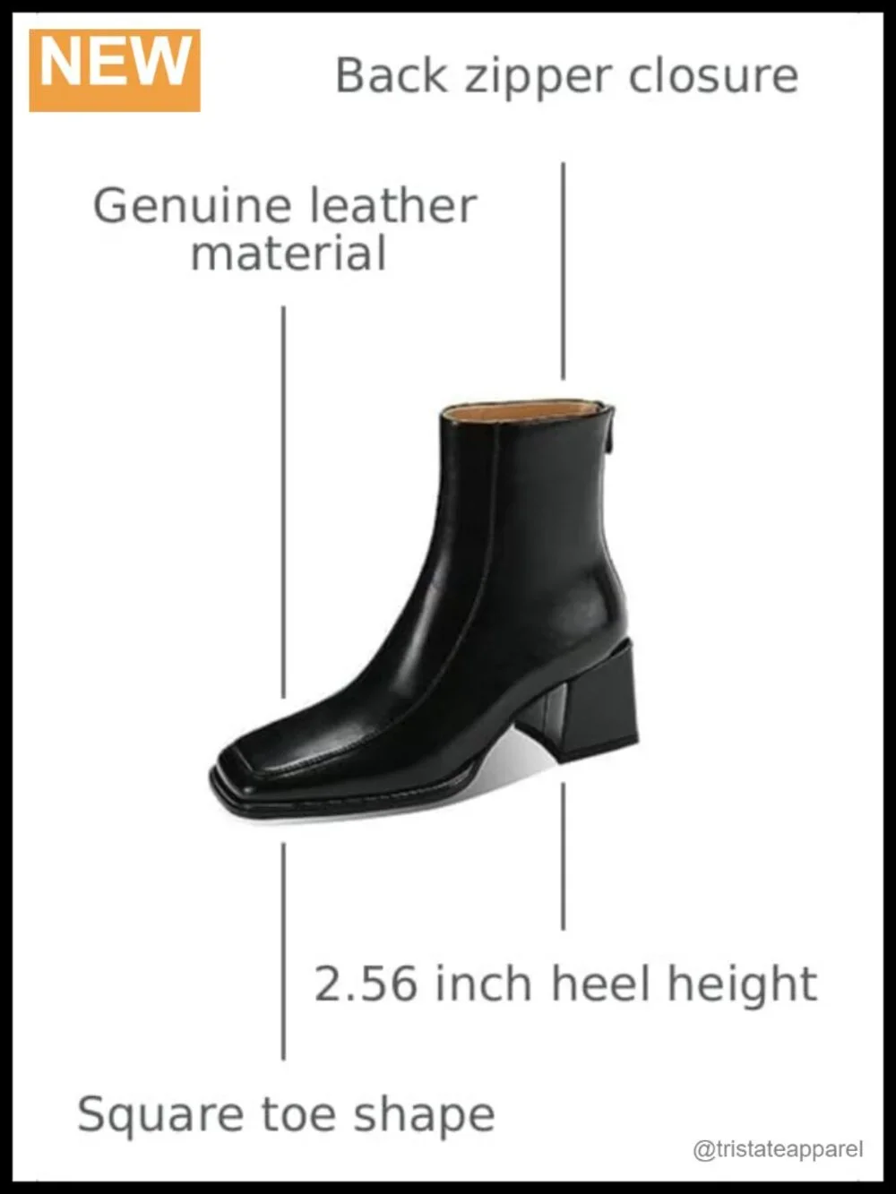 Women's Mid Block Heel Ankle Boots Genuine Leather Square Toe Back Zipper